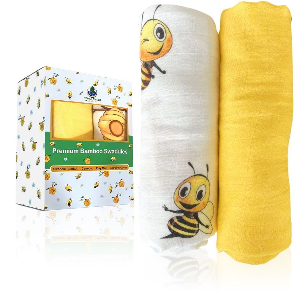 Swaddling‎ Blanket Super Soft 70% Bamboo 30% Cotton 2-Pack Set Bumble Bee Design